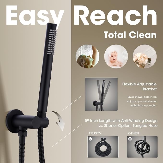 TRUSTMI Matte Black Shower System Wall Mounted Pressure Balance 10-Inch - Image 3