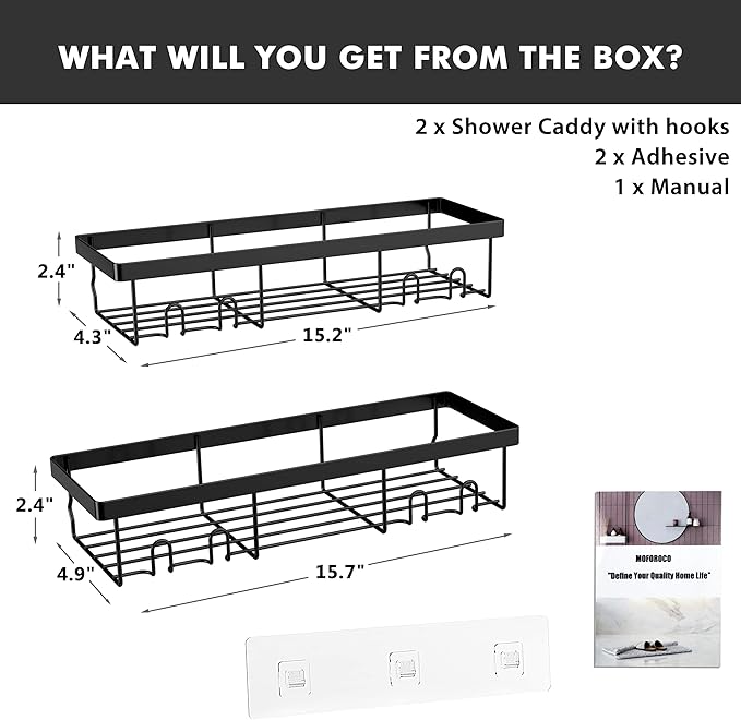 Moforoco Large Shower Caddy Shelf Organizer Rack, Self Adhesive Black Bathroom - Image 2