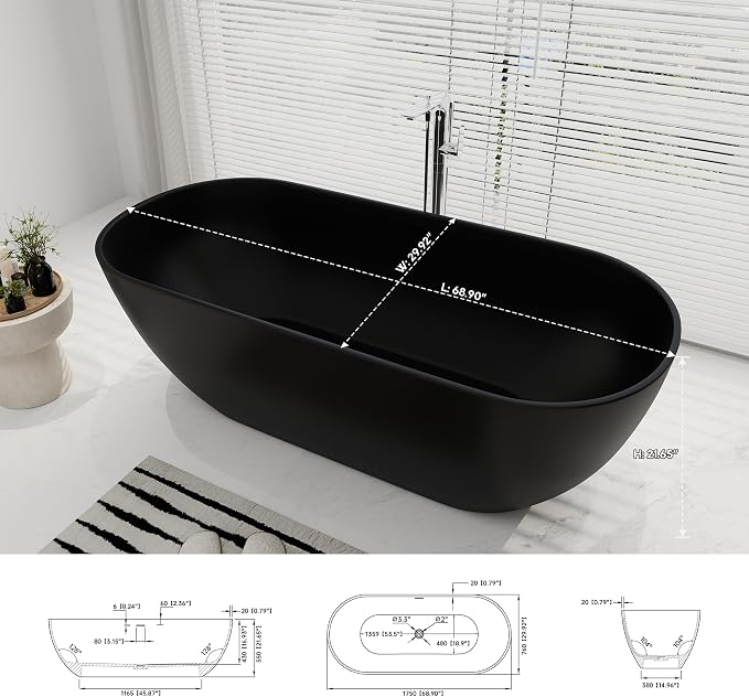 SJ STAR&JANE 69" Solid Surface Freestanding Bathtub Oval Stone Resin Soaking - Image 6
