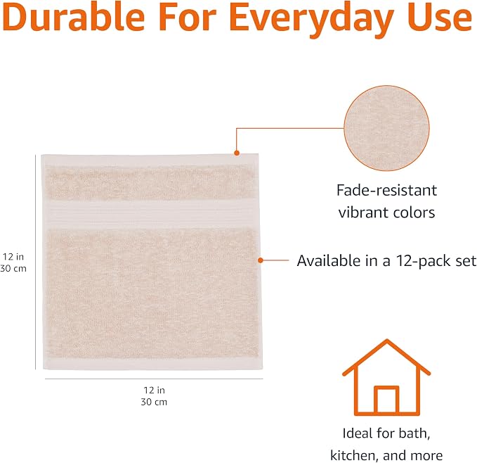Amazon Basics Fade-Resistant 100% Cotton Washcloth, 12 Pack, Blush Pink - Image 3