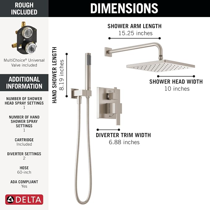 Delta Modern 14 Series Square Rain Shower System Faucet Set, Rainfall Brushed - Image 3