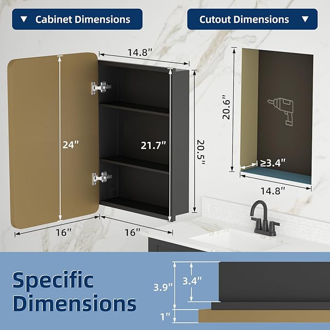 Bathroom Medicine Cabinet with Mirror 16 x 24 Inch, Brush Gold Medicine Cabinet - Image 5