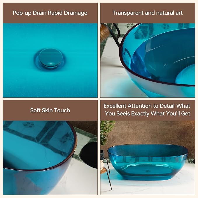 WOODBRIDGE 63" L x 28-3/8" W Transparent Blue Stone Resin Freestanding Soaking - Image 9