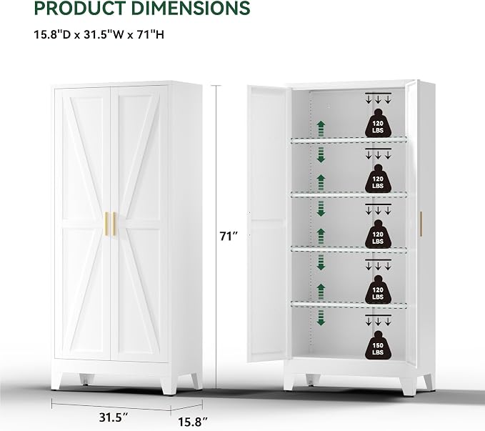 Metal Cabinets with Barn Doors and Adjustable Shelves, 5-Tier Storage Cupboard - Image 3
