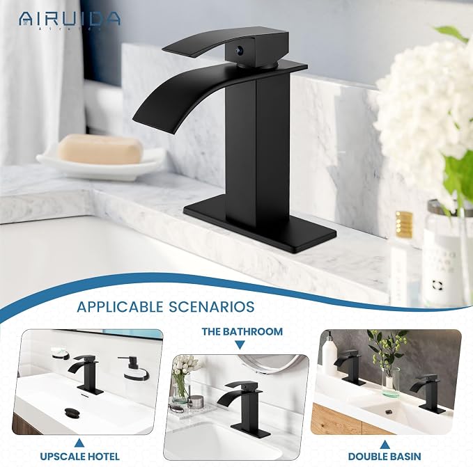 Airuida Matte Black Waterfall Bathroom Faucet, Single Handle Single Hole - Image 3