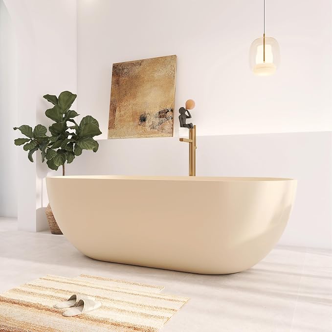 69" Premium Cream Stone Resin Solid Surface Free Standing Bathtub, Unique Matte - Image 3