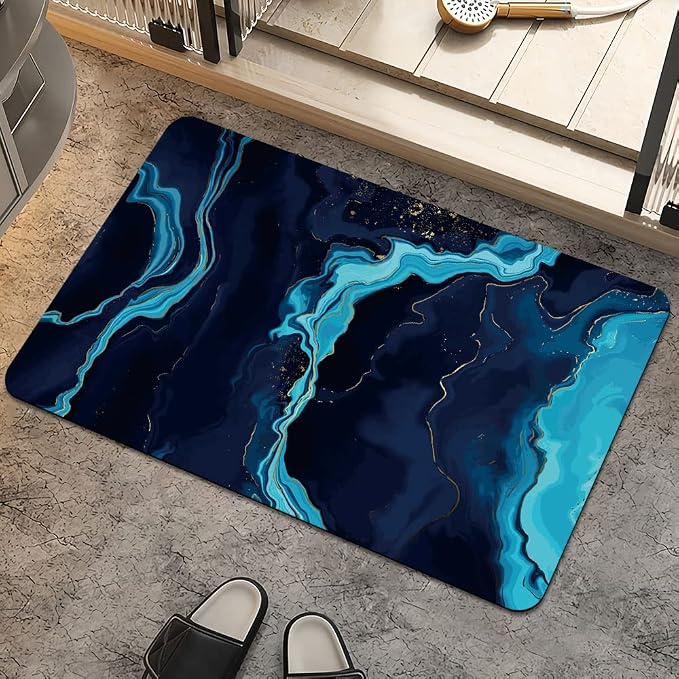 Bath Mat Rug, Deep Blue Gold marbleNon Slip Quick Dry Super Absorbent Thin by ZHUZHISHAN