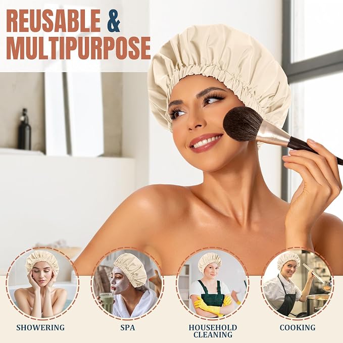 Reusable Shower Cap for Women, Stylish Large Waterproof Shower Bonnet Washable - Image 3