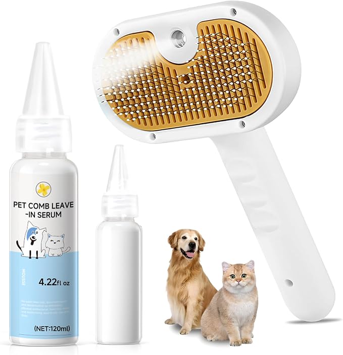 Pet Steam Brush for Dog & Cat – 3-in-1 Spray Hair Removal Comb for Shedding & by VVWVVW