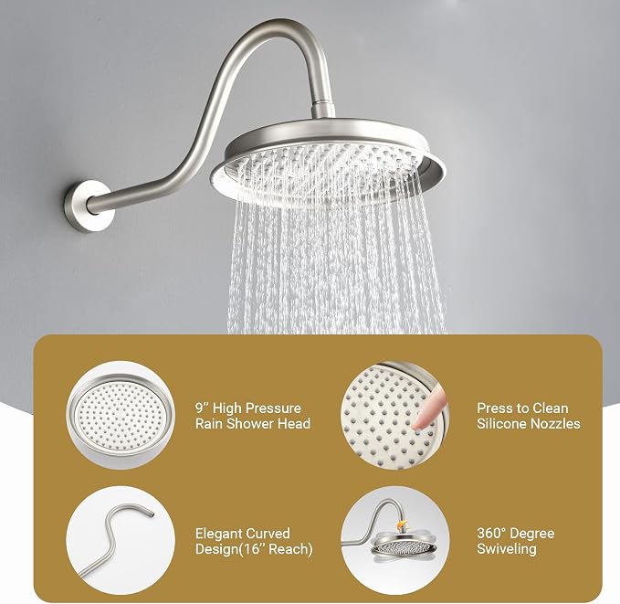 DASAN Brushed Nickel Rain Shower System Complete Antique Shower Faucet Sets - Image 4