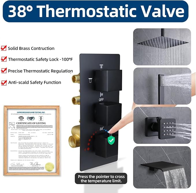 HOMEDEC Solid Brass 4 Ways Shower Diverter Valve, Thermostatic 3 Handles - Image 3