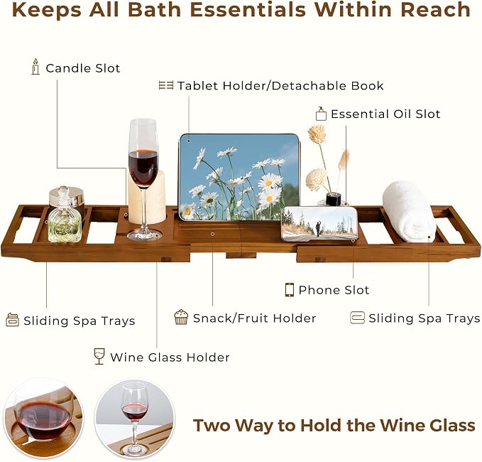 Teak Bathtub Tray Expandable Bathroom Tray - Image 2