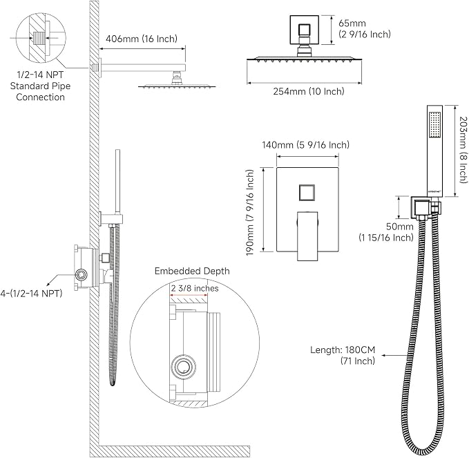 Rain Shower System Sets Faucet: EMBATHER 10 Inch Overhead Rainhead Shower Combo - Image 9