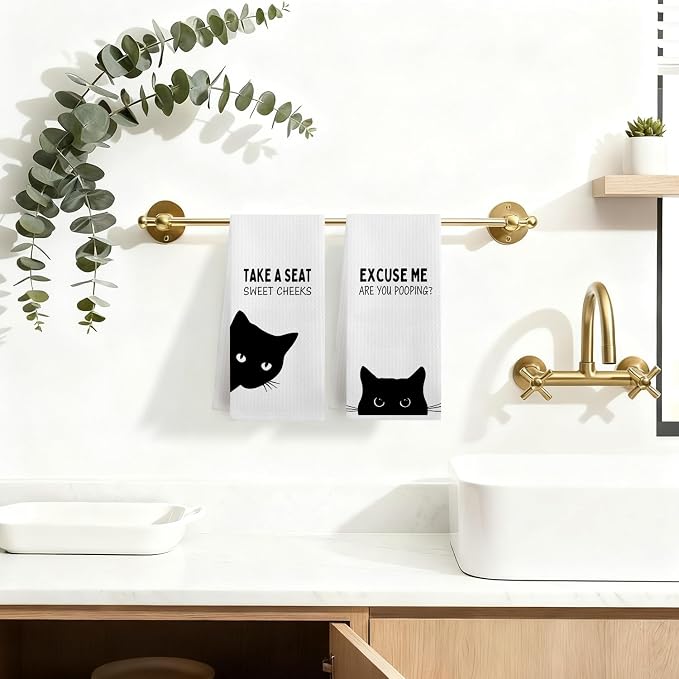 Funny Black Cat Bathroom Hand Towels, Cat Bathroom Decor, Sweet Cheeks Funny - Image 3