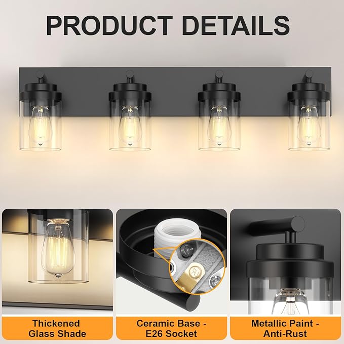 IZORRO Bathroom Vanity Light Fixture, 4-Light 27.5 Inch Matte Black Bathroom - Image 3