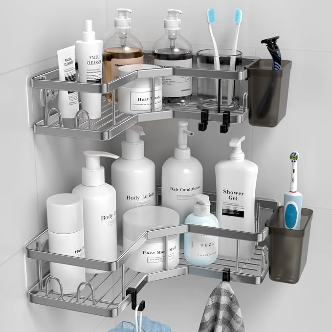 Corner Shower Caddy Bathroom Organizer: AKTECKE 2 Pack Adhesive Shelf Decor- No by AKTECKE