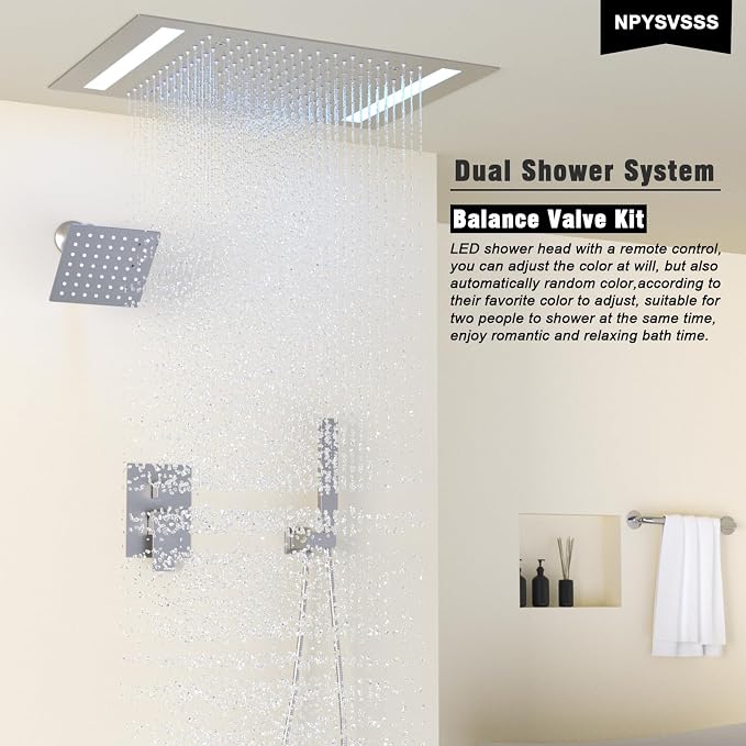 Rain Shower Head System with 14x20 Inch Ceiling Mount LED Head & 6 Inch Wall - Image 2