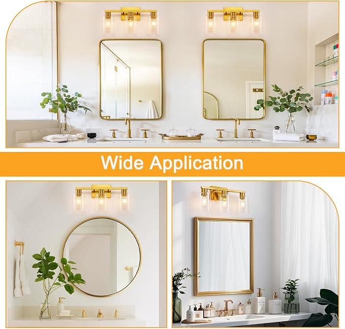 Gold 3-Light Bathroom Vanity Light, Modern Brushed Gold Vanity Lights - Image 5