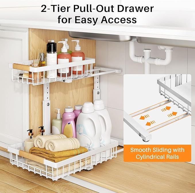 PXRACK 2 Pack Under Sink Organizer, Adjustable Height, 2 Tier Pull Out Under - Image 5