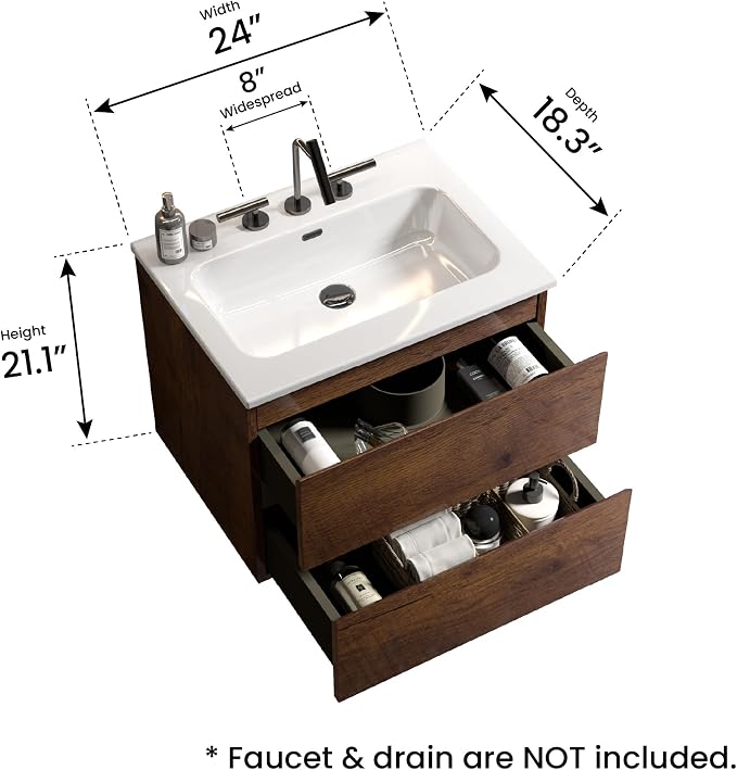 24" Bathroom Vanity with Sink, Modern Floating Vanity with Double Soft Closing - Image 2