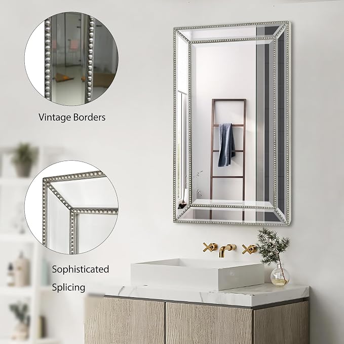 Bathroom Medicine Cabinet with Silver Metro Beaded Wooden Frame, 20x32 Inch - Image 5