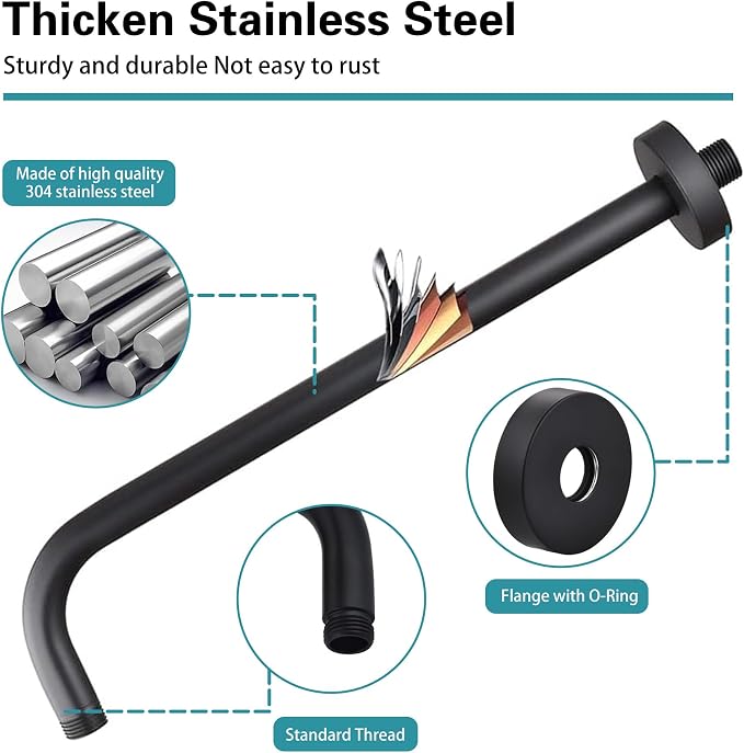12 Inch Shower Arm with Flange, Stainless Steel 90 Degree Rain Shower Head - Image 6