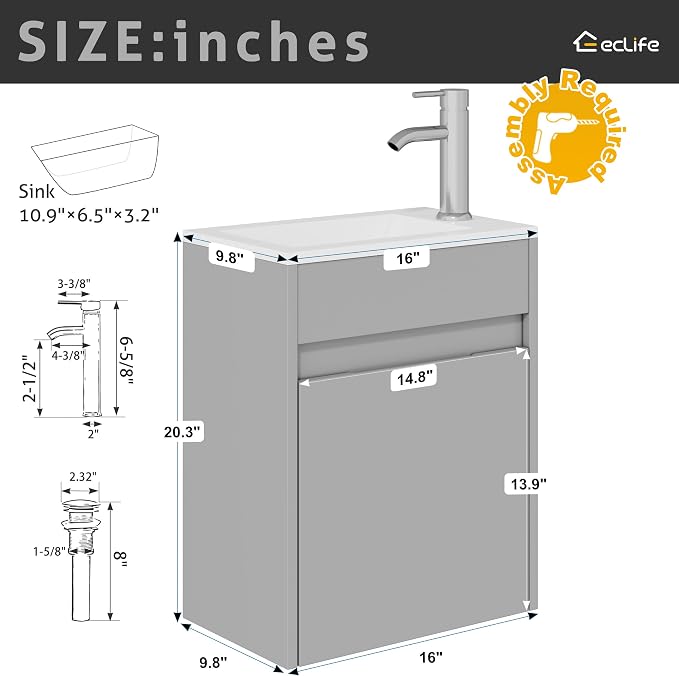 eclife 16" Small Bathroom Vanity Sink Combo, Modern Painted Wall Mounted - Image 3