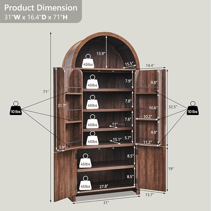 71" Tall Arched Kitchen Pantry, Modern Fluted Wood Storage Cabinet - Image 2