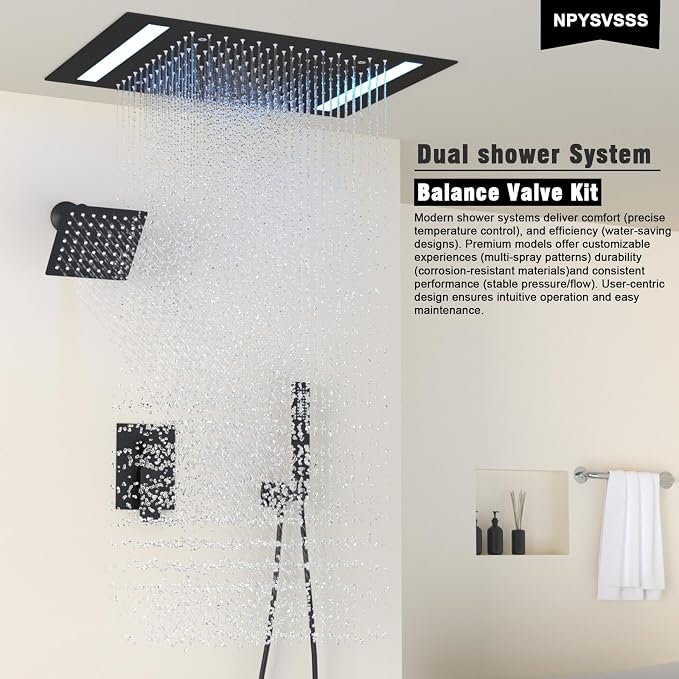 Rain Shower Head System with 14x20 Inch Ceiling Mount LED Head & 6 Inch Wall - Image 2