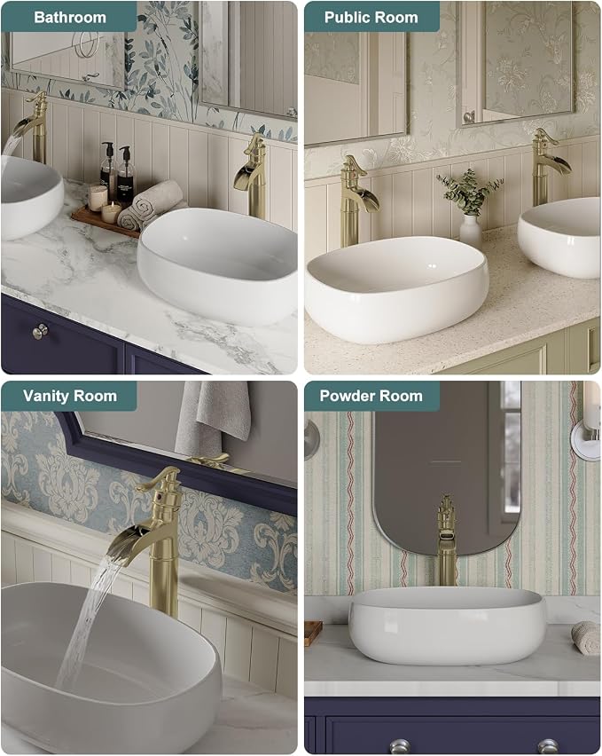 BWE Vessel Sink Faucet Brushed Gold Waterfall Bathroom Sink Faucet Single - Image 9
