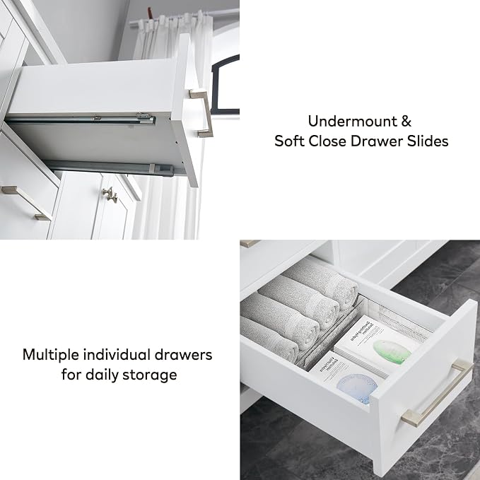 48’’White Bathroom Vanity with Sink, Solid Wood Bathroom Cabinet with Carrara - Image 4