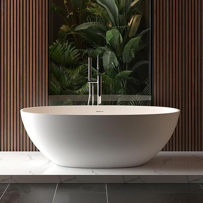 65 in Solid Surface Freestanding Bathtub, Contemporary Oval Shape Soaking Tub by GarveeTech