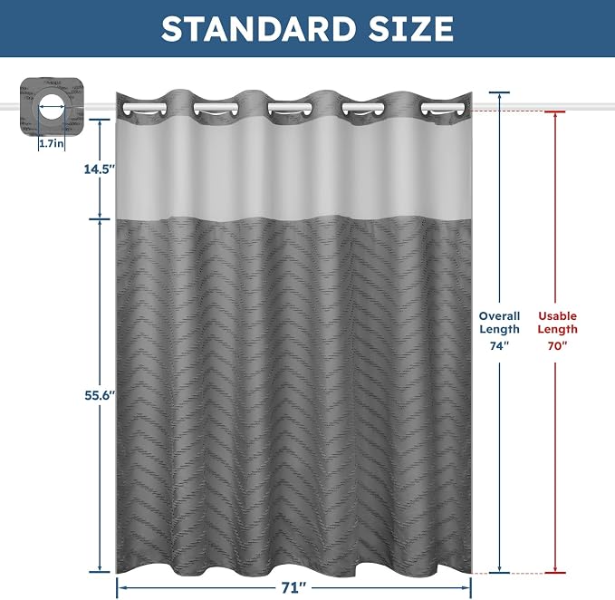 No Hook Shower Curtain and Snap in Liner Set Grey Tufted Chevron Striped Cloth - Image 5