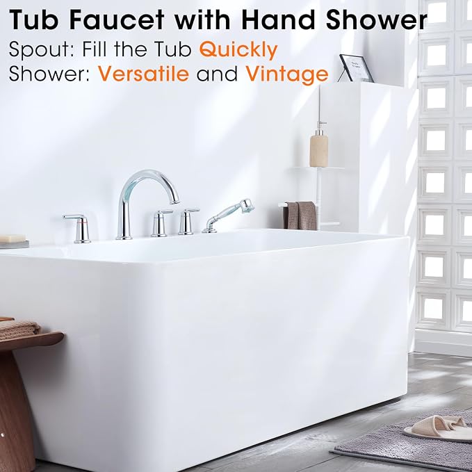 Roman Bath Tub Faucet Set with Rough-in Valve and Sprayer, Brass 5 Hole - Image 2