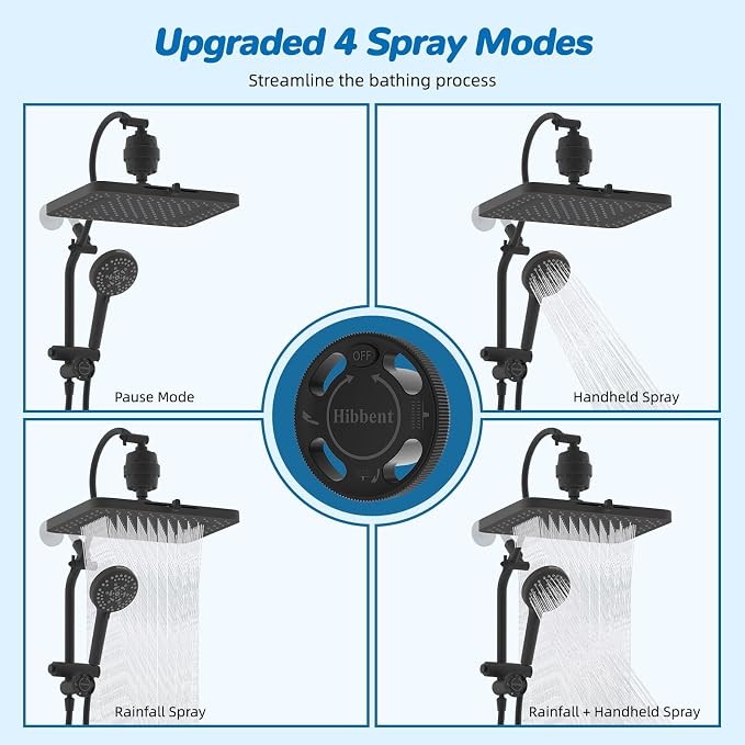 Hibbent 5-spray Dual Filtered Rainfall Shower Head Combo, High Pressure 13'' - Image 4