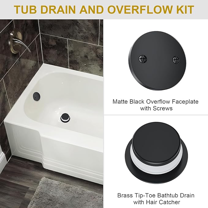 Matte Black Bathtub Drain Stopper and Overflow Kit, Solid Brass Tip-Toe Bath - Image 3