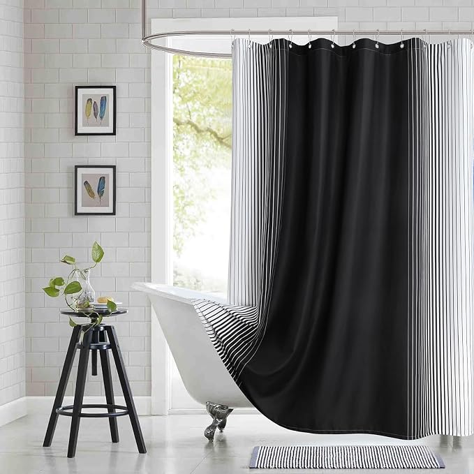 Extra Long Black Shower Curtain, Modern Black and White Gradient Vertical by BESTRIPES