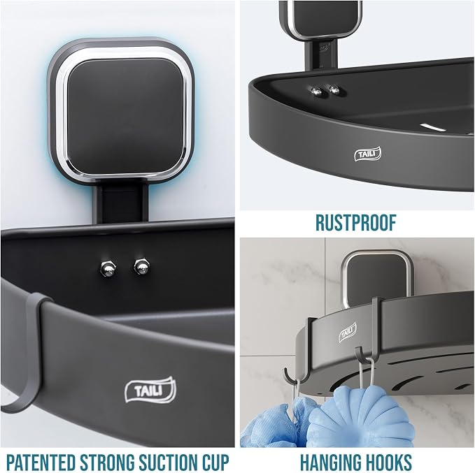 TAILI Corner Shower Caddy with Suction Cup Hooks, Aluminum Corner Shelf Basket， - Image 4