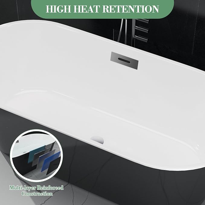 59" Acrylic Soaking Bathtub, Deep Modern Tub - Image 6
