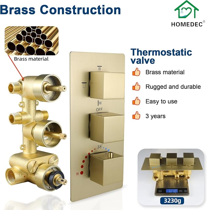 Brass 4 Ways Shower Diverter Valve Brushed Gold, HOMEDEC Thermostatic 4 Outlets - Image 5