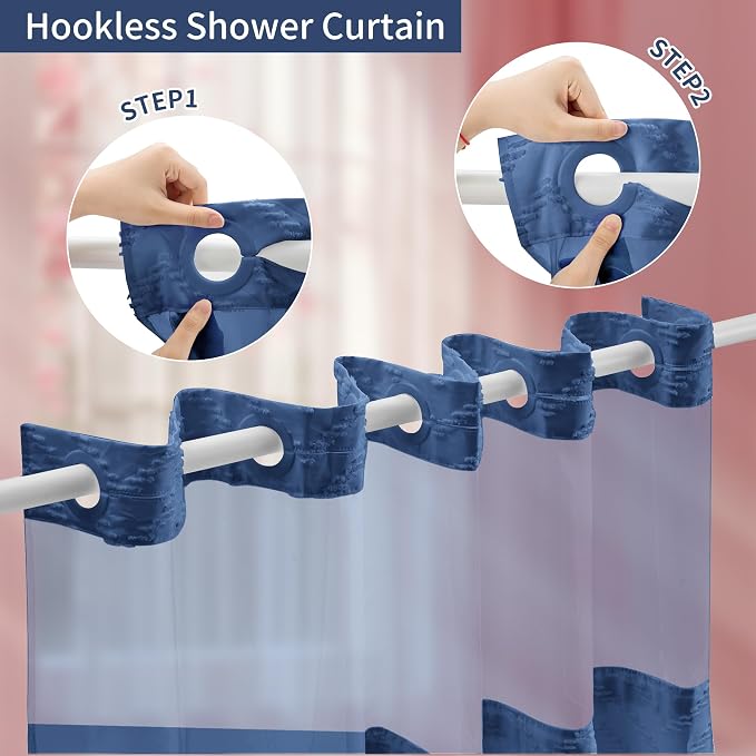 Hookless Shower Curtain with Snap in Liner 71" x 74" Double-Layer Waterproof - Image 2