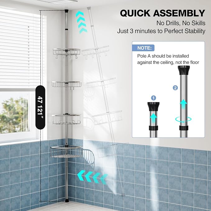 Corner Shower Caddy Tension Pole: Stainless Steel Rustproof 4-Tier Shower - Image 6