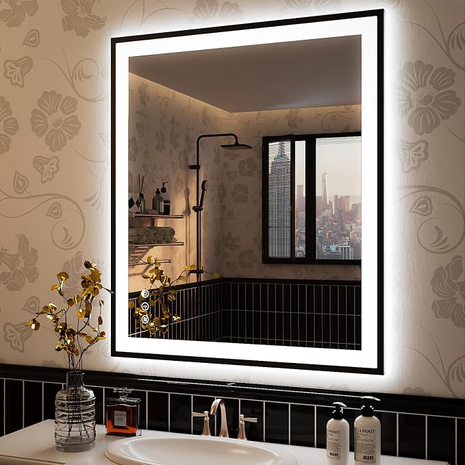 ISKM Framed LED Mirror for Bathroom 36"x30", Dimmable LED Bathroom Mirror by ISKM-IStillKeepMovin