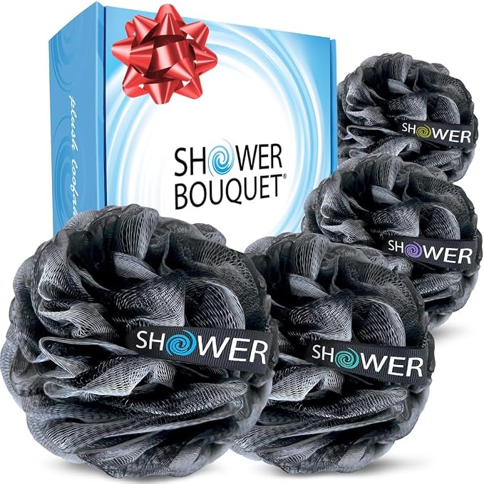 SHOWER BOUQUET Loofah-Charcoal Bath-Sponge-4-Pack // Extra-Large 75g Soft Mesh by ShowerBouquet%C2%AE