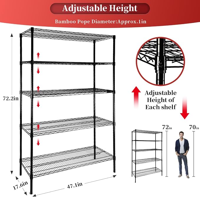 Heavy Duty 5-Tier Wire Shelving Adjustable Shelves Unit Metal Storage Rack Flat - Image 3