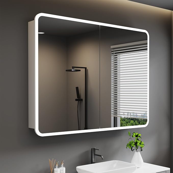 Medicine Cabinet with LED Lights and Mirror, 36 x 32 Inch Surface or Recessed by HBEZON