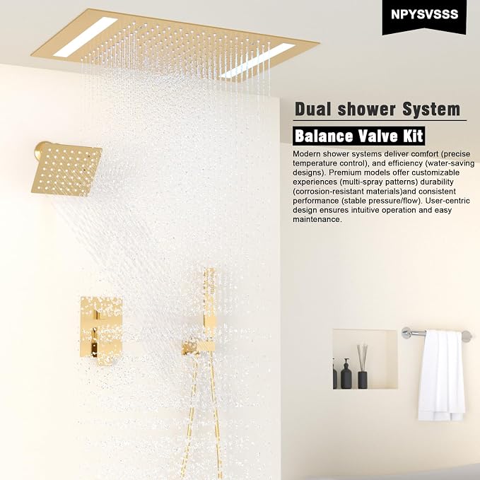 Rain Shower Head System with 14x20 Inch Ceiling Mount LED Head & 6 Inch Wall - Image 2