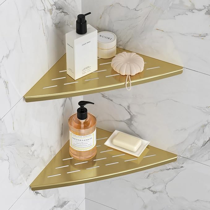 Corner Shower Shelf Brushed Golden, 304 Stainless Steel 11.5” Recessed Corner by Qeke