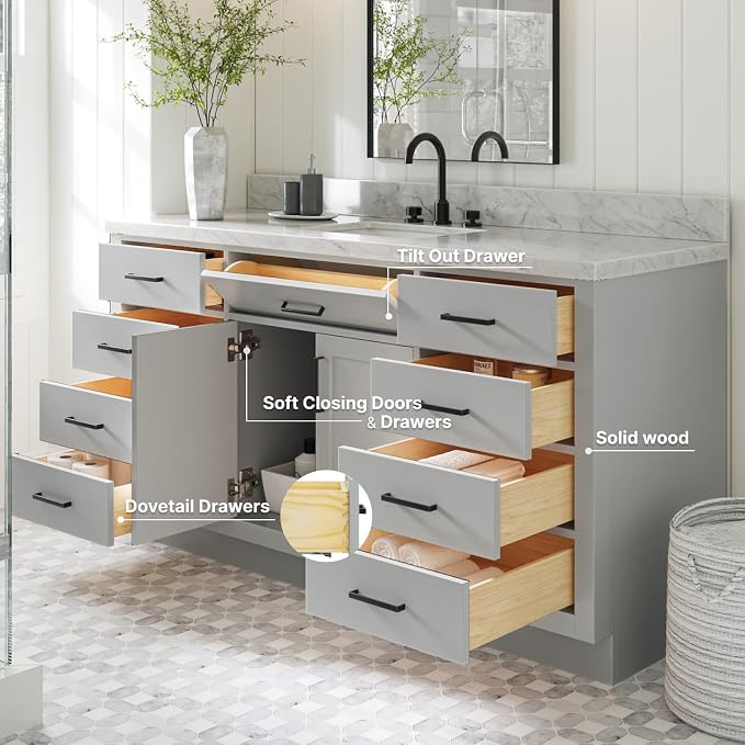 ARIEL 67" Grey Bathroom Vanity, 1.5" Edge Italian Carrara Marble Countertop & - Image 3