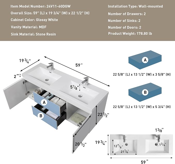 60 Inch Floating Bathroom Vanity - Image 2